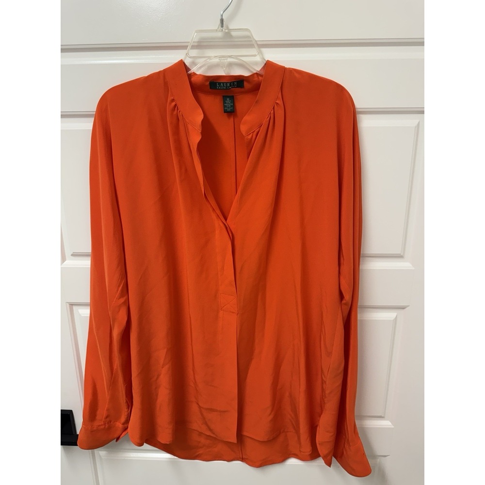 Lauren Ralph Lauren Women Medium Orange 100% Silk Blouse Tunic V-Neck Top